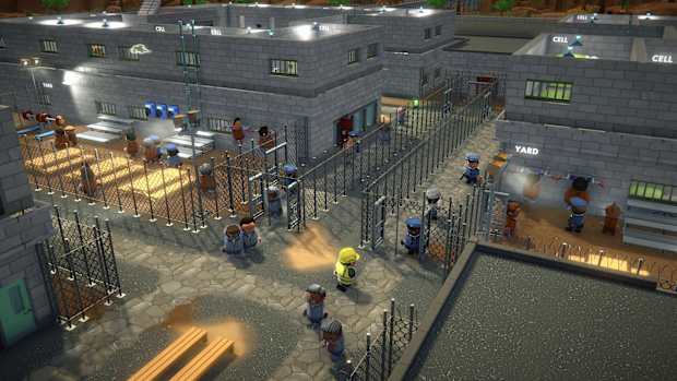 Prison Architect 2 screenshot showing a prison courtyard.